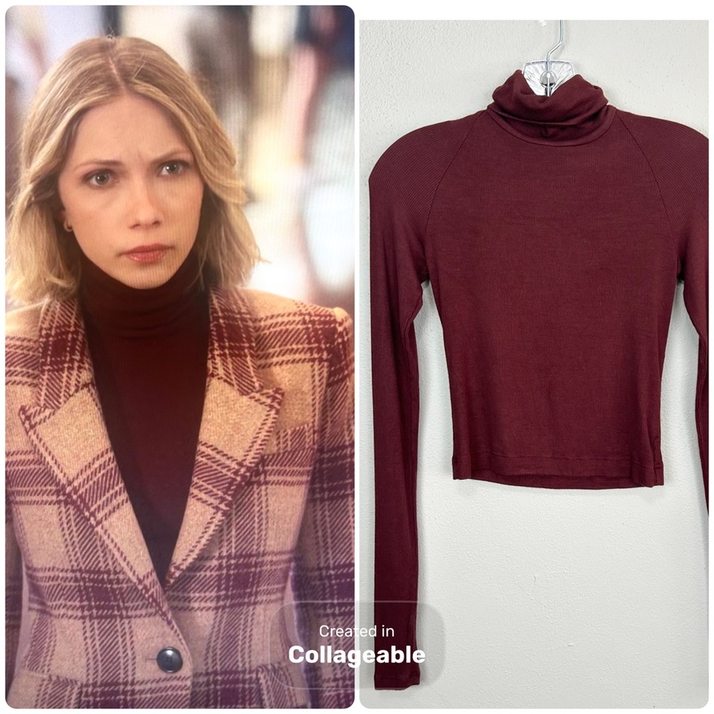Gossip Girl Screen Worn ALIX NYC Ribbed Long Sleeve Turtleneck Top Maroon XS ASO